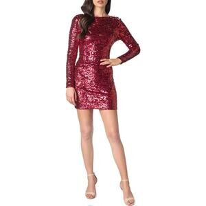 Dress The Population Lola Long Sleeve Red Sequin Mini Dress Size XS
